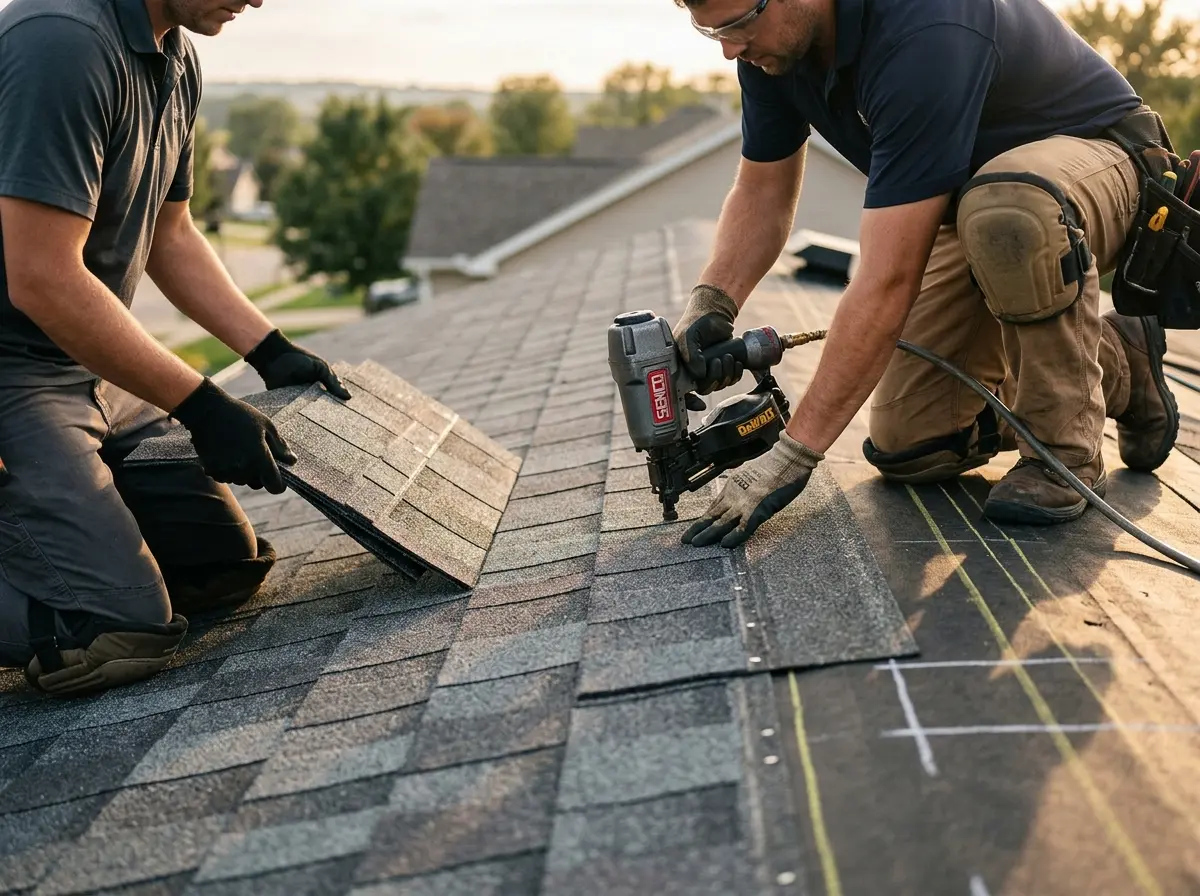 Professional roofer working on a residential roof in Bay Village